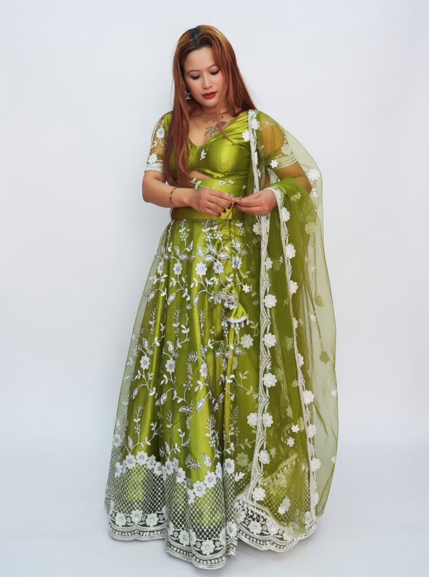 Green Embroidered Lehenga Choli with Dupatta for Women | Party Wear Lehenga Set | Festive & Wedding Lehenga 6