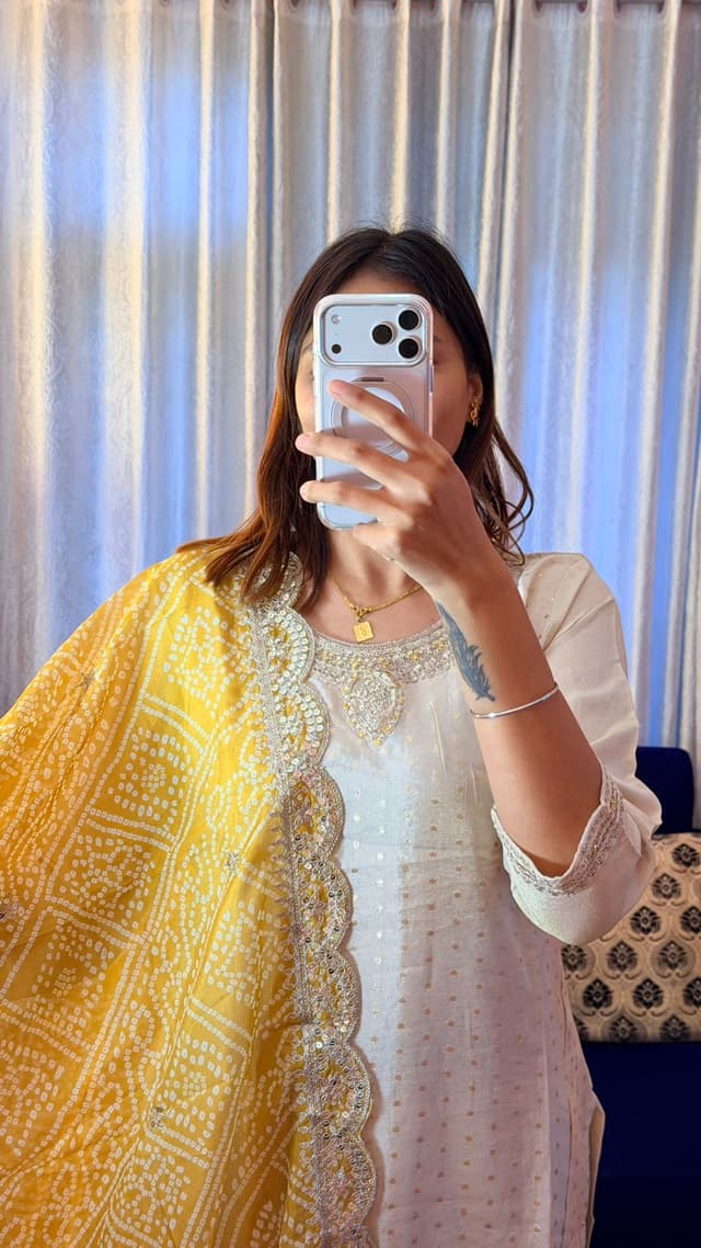 Ivory Embroidered Kurta Set with Yellow Bandhani Dupatta