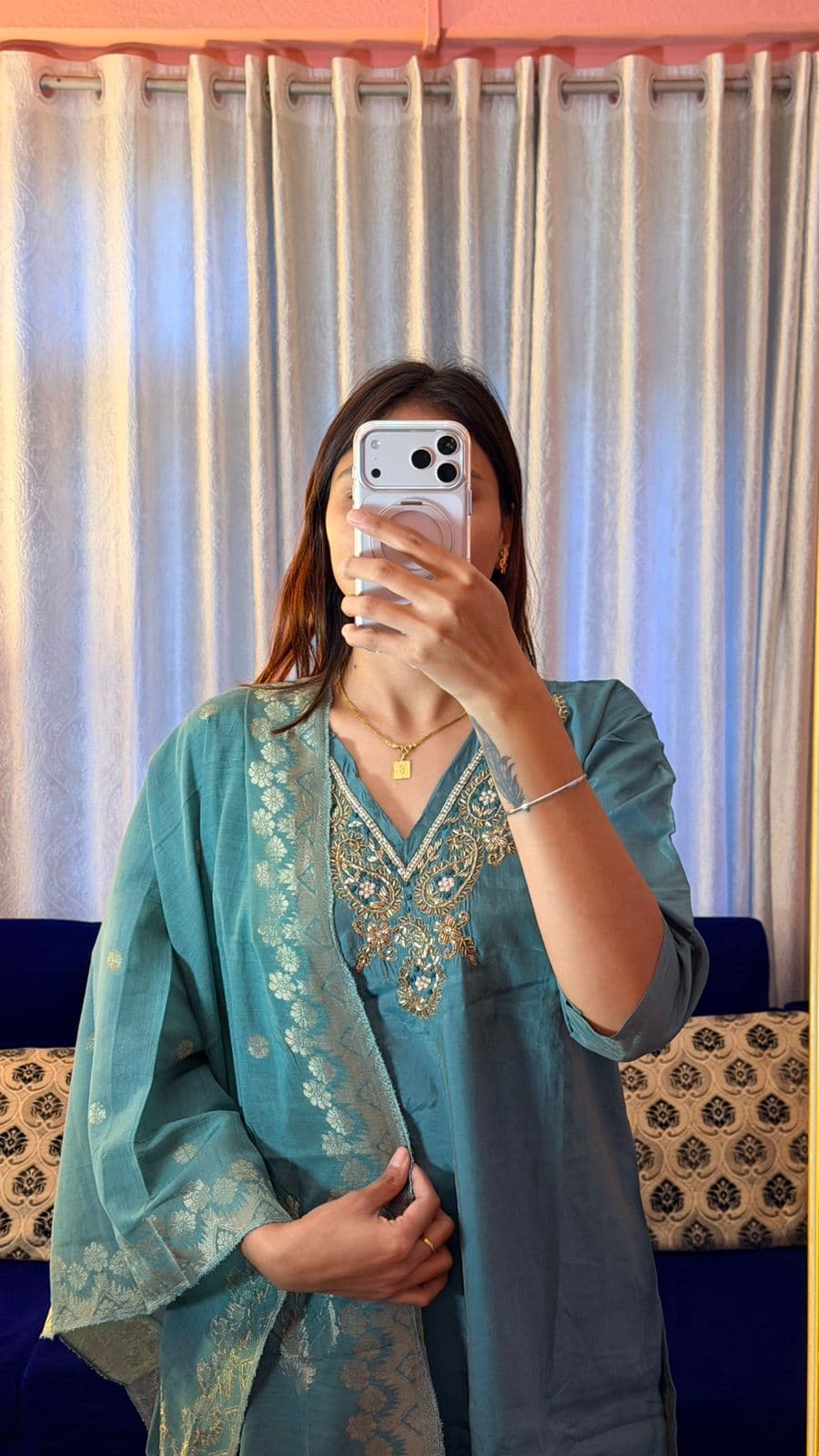 Embroidered Kurti Set with Dupatta & Pant Style Salwar