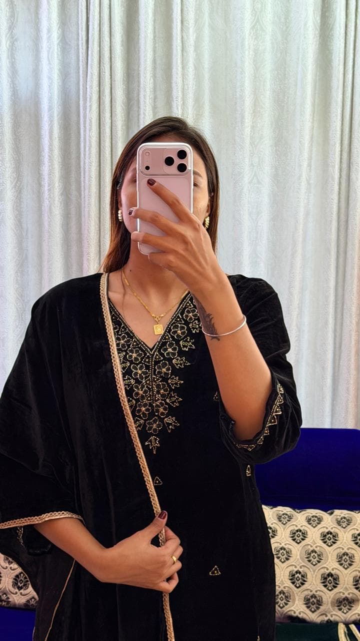 Elegant Golden-Embroidered Velvet Festive Set
