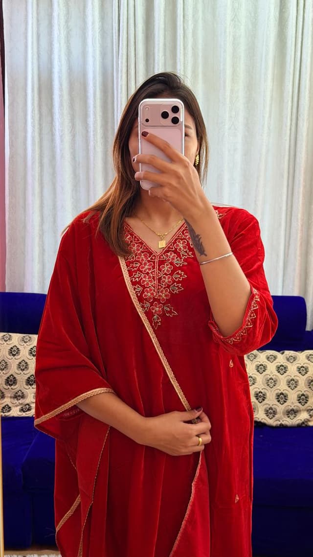 Royal Velvet Floral-Embroidered Festive Suit Set