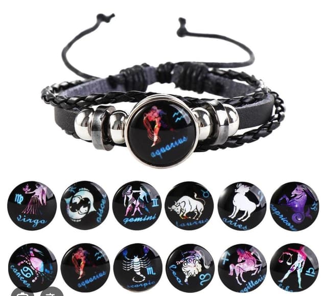 12 Constellation Zodiac Sign Braided Leather Bracelet with a Woven Glass Dome. 