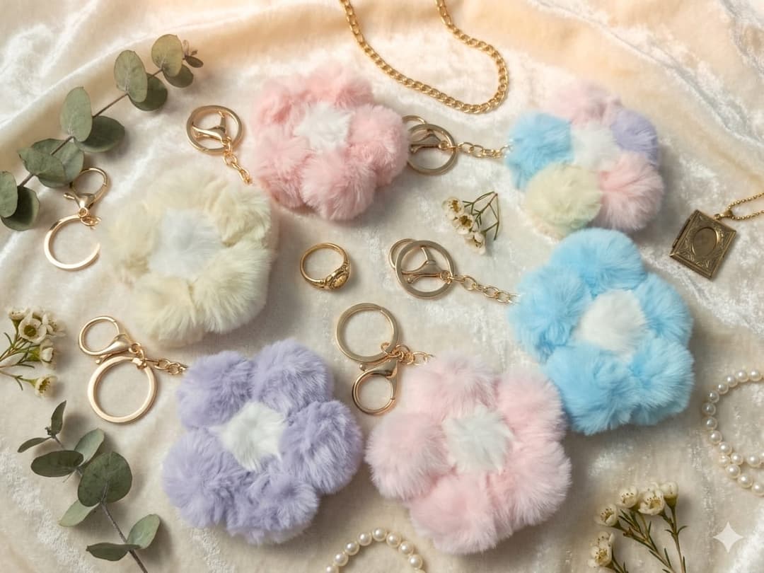  Flower Pom Pom Keychains 3