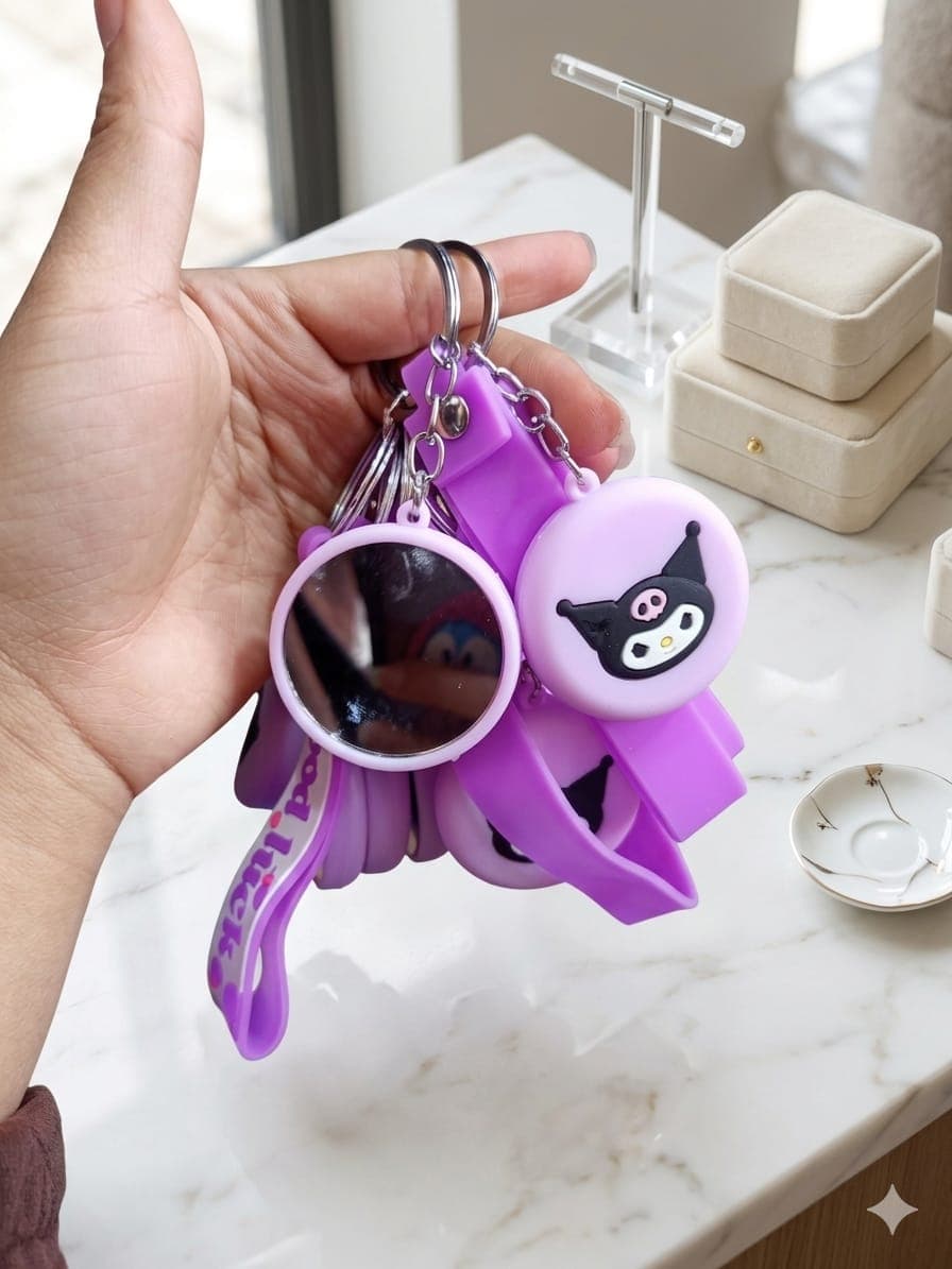 Kawaii Sanrio Kuromi & Labubu Pocket Mirror Keychain Combo Cute Cartoon Keyring Bag Pendan 3