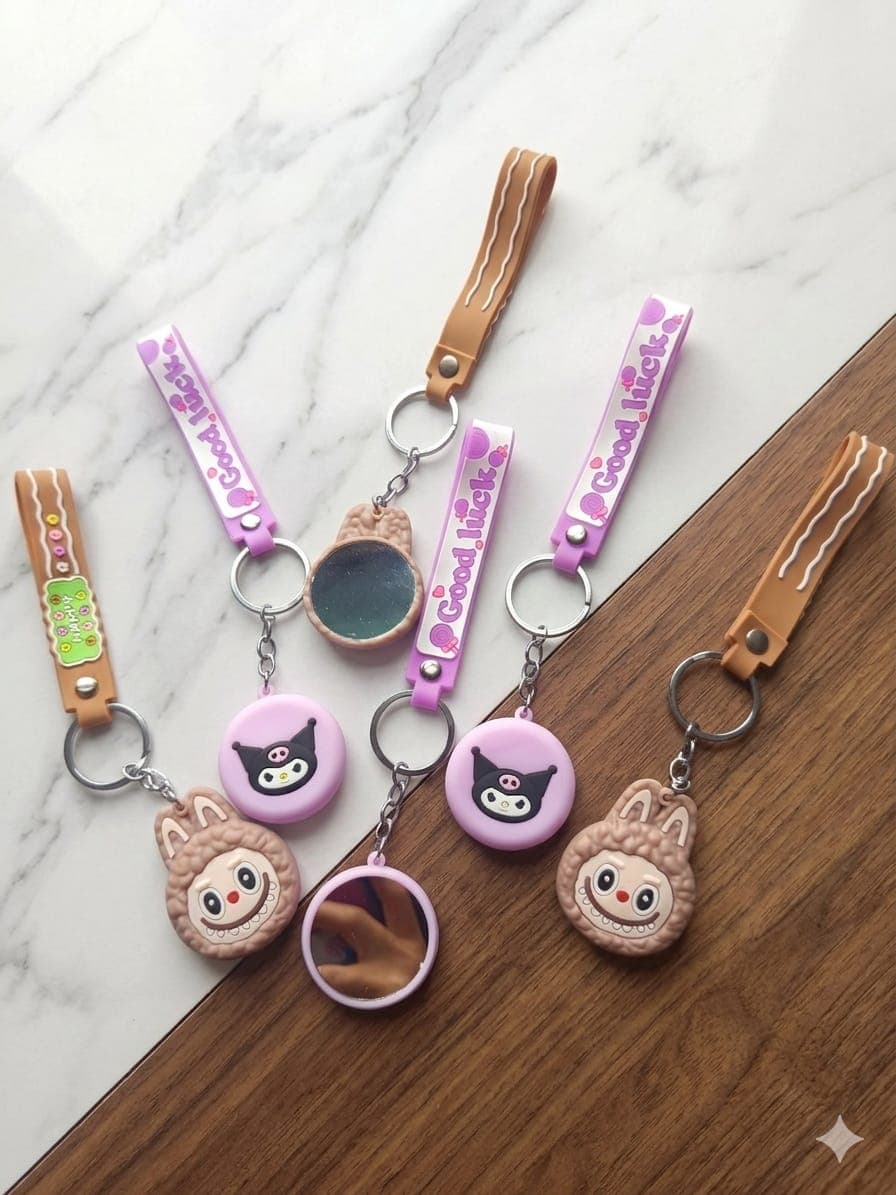 Kawaii Sanrio Kuromi & Labubu Pocket Mirror Keychain Combo Cute Cartoon Keyring Bag Pendan 4