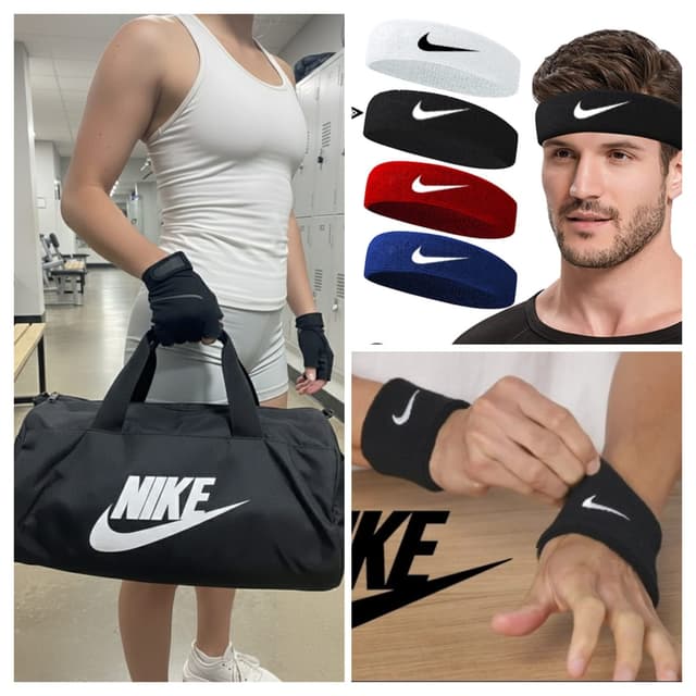 Premium 4-in-1 Sports Gym Combo Set for Men & Women – Nike Inspired Large Duffle Bag with Sweatband Headband & 1 Pair Wristbands for Workout, Fitness, Training & Athletics