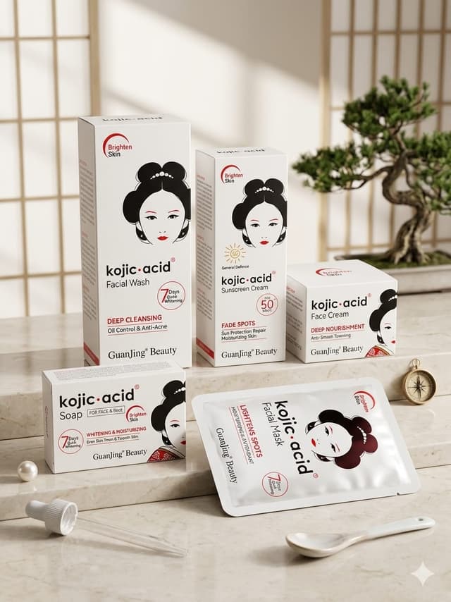 GuanJing Beauty Kojic Acid 5-in-1 Skincare Combo Set – Facial Wash, Soap, Face Cream, Sheet Mask, and Sunscreen Kit for Glowing Skin