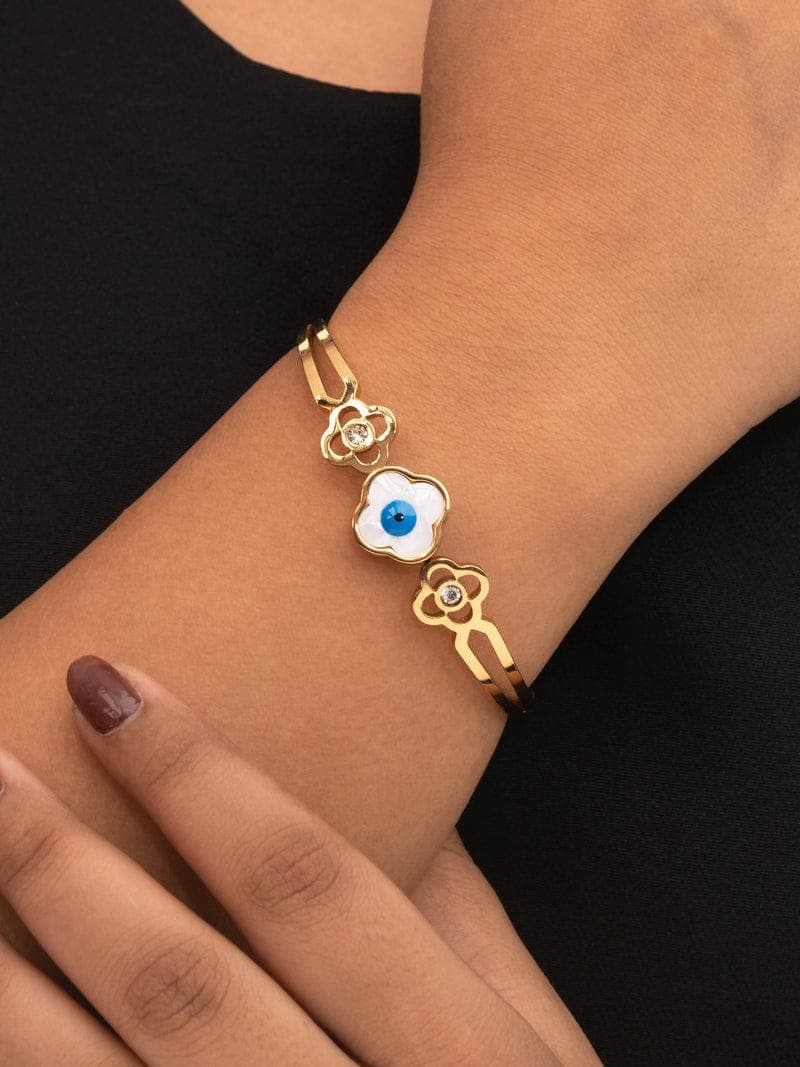 Korean Style Evil Eye Flower Bracelet - Gold Toned Stainless Steel Kada for Girls 6