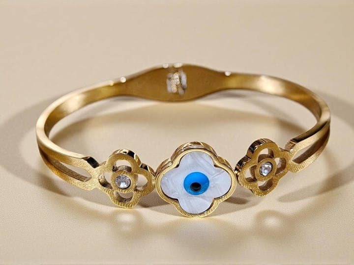 Korean Style Evil Eye Flower Bracelet - Gold Toned Stainless Steel Kada for Girls