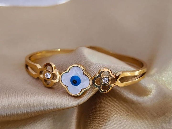 Korean Style Evil Eye Flower Bracelet - Gold Toned Stainless Steel Kada for Girls 5
