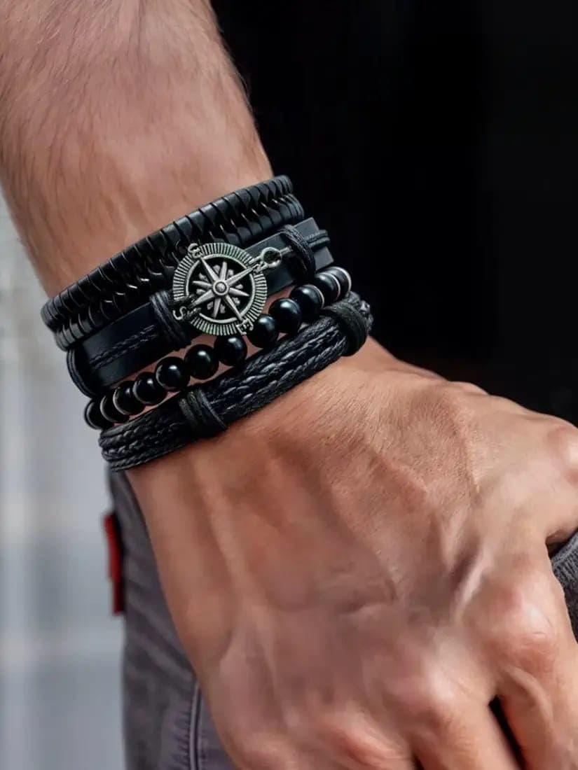 4Pcs/ Set Braided Wrap Leather Bracelets For Men Vintage Life Tree Rudder Charm Wood Beads Ethnic Tribal Wristbands
