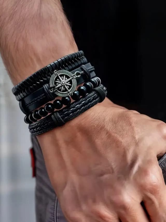 4Pcs/ Set Braided Wrap Leather Bracelets For Men Vintage Life Tree Rudder Charm Wood Beads Ethnic Tribal Wristbands