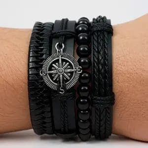 4Pcs/ Set Braided Wrap Leather Bracelets For Men Vintage Life Tree Rudder Charm Wood Beads Ethnic Tribal Wristbands 1