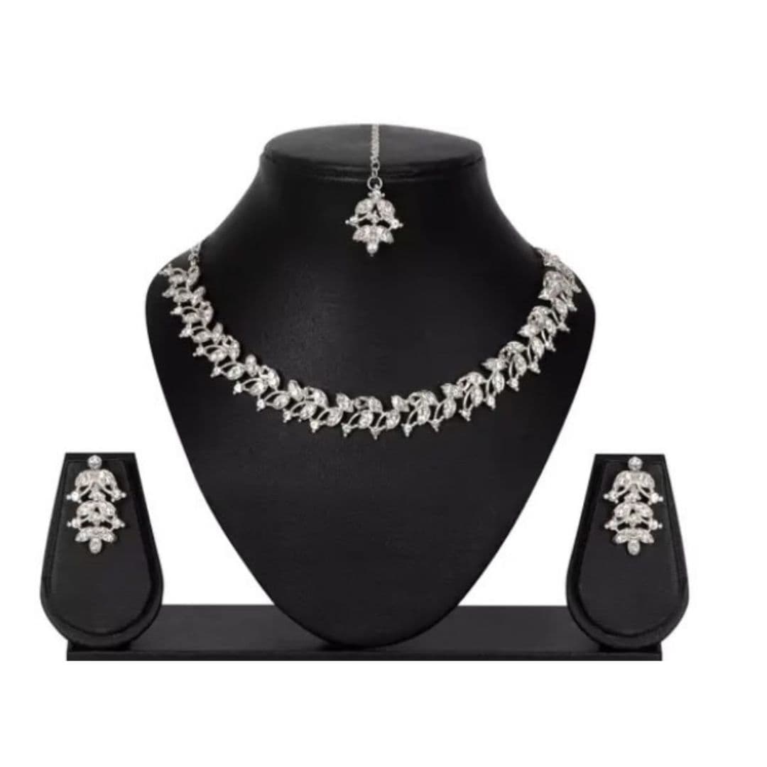 White Silver Jewellary Sets, for women, Necklace + maagtika, and Earring