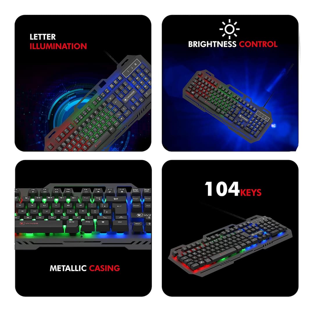 Wings USB Grind105 with Metallic casing, 19 Anti-ghosting Key and Letter Illumination Keyboard (Black) 4