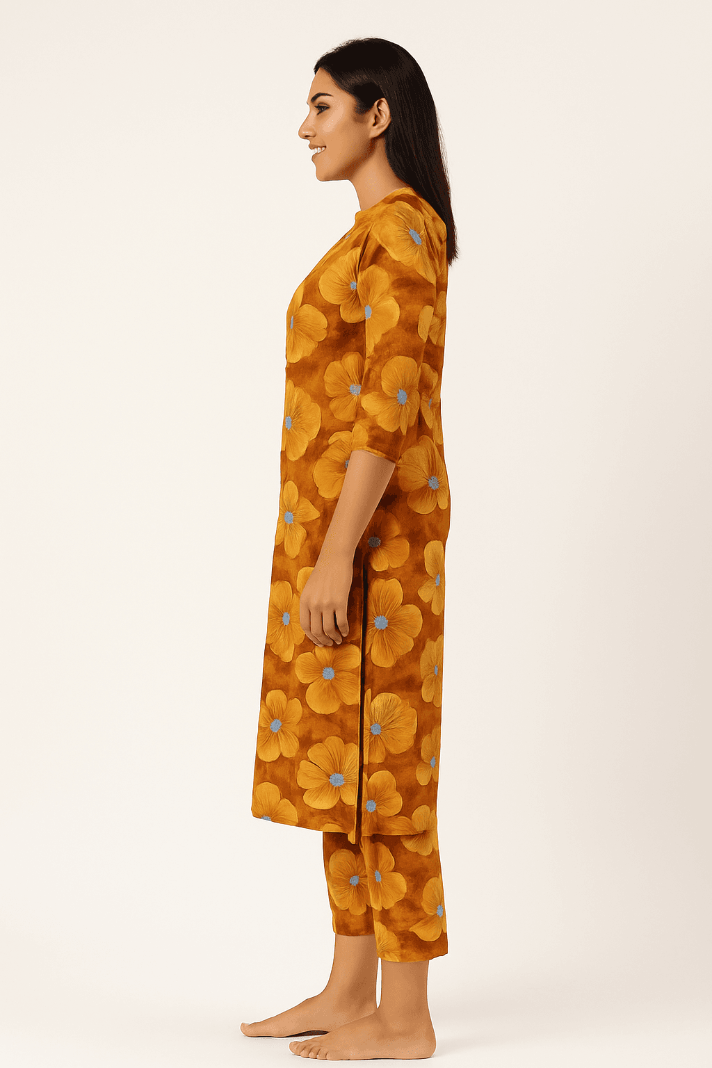 Women's Floral Printed Cotton Kurta Set , Button Down, 3/4 Sleeve, Mandarin Collar, Casual & Comfortable Daily Wear 2