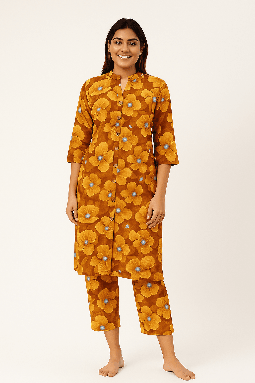 Women's Floral Printed Cotton Kurta Set , Button Down, 3/4 Sleeve, Mandarin Collar, Casual & Comfortable Daily Wear