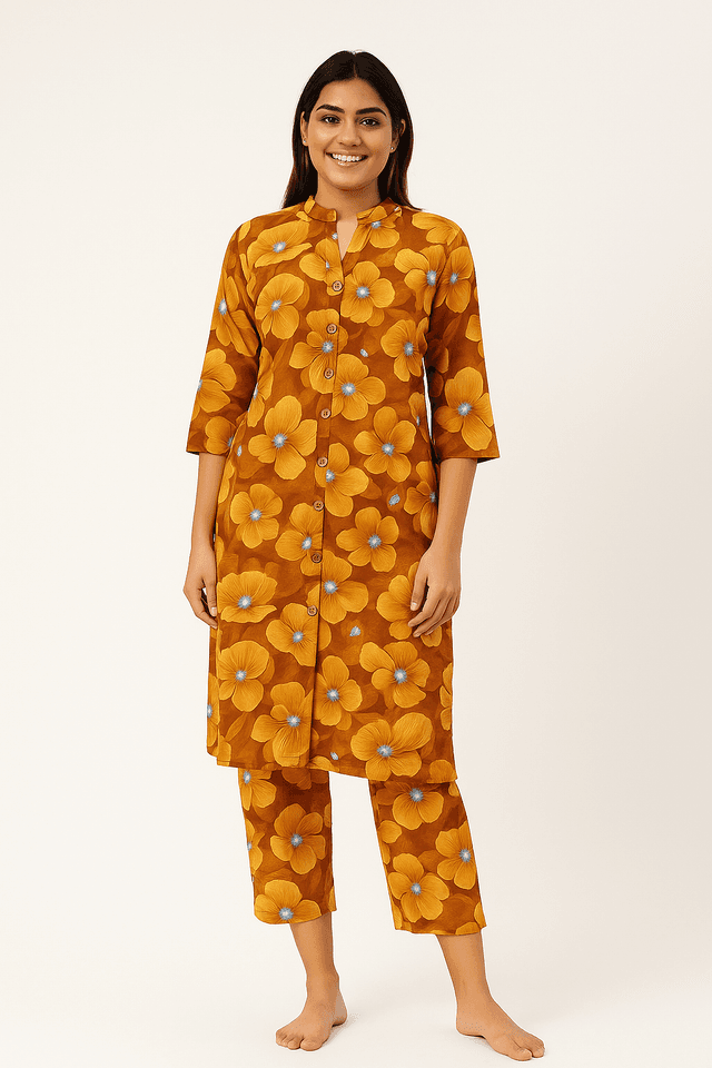 Women's Floral Printed Cotton Kurta Set , Button Down, 3/4 Sleeve, Mandarin Collar, Casual & Comfortable Daily Wear