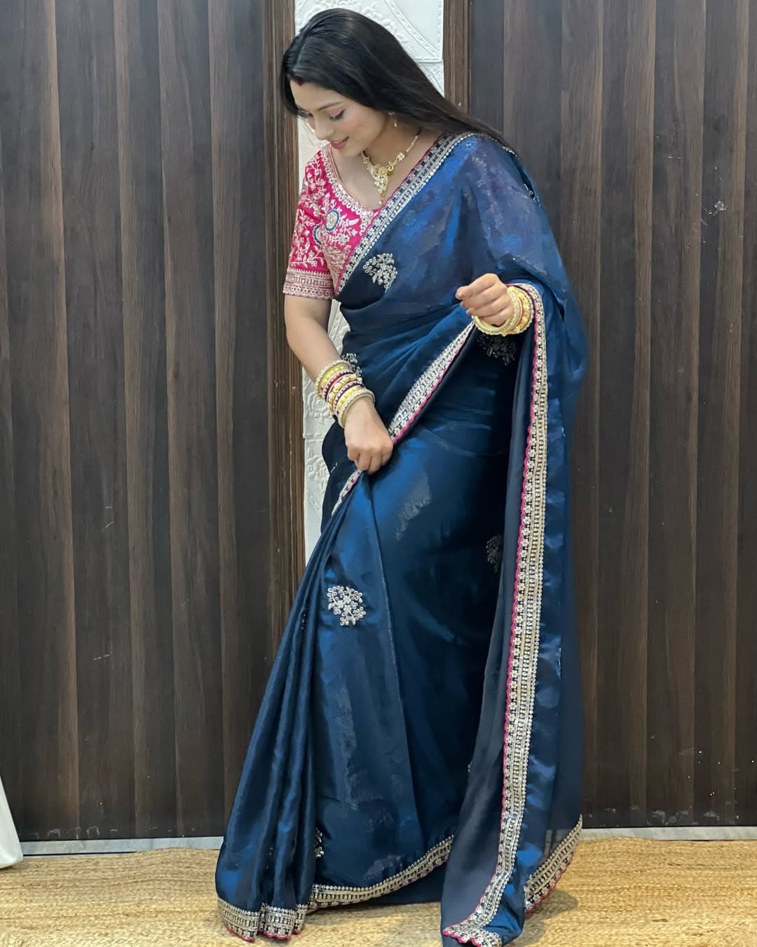 Shivshakti Collection Satin silk saree with beautiful flower work Blouse 4
