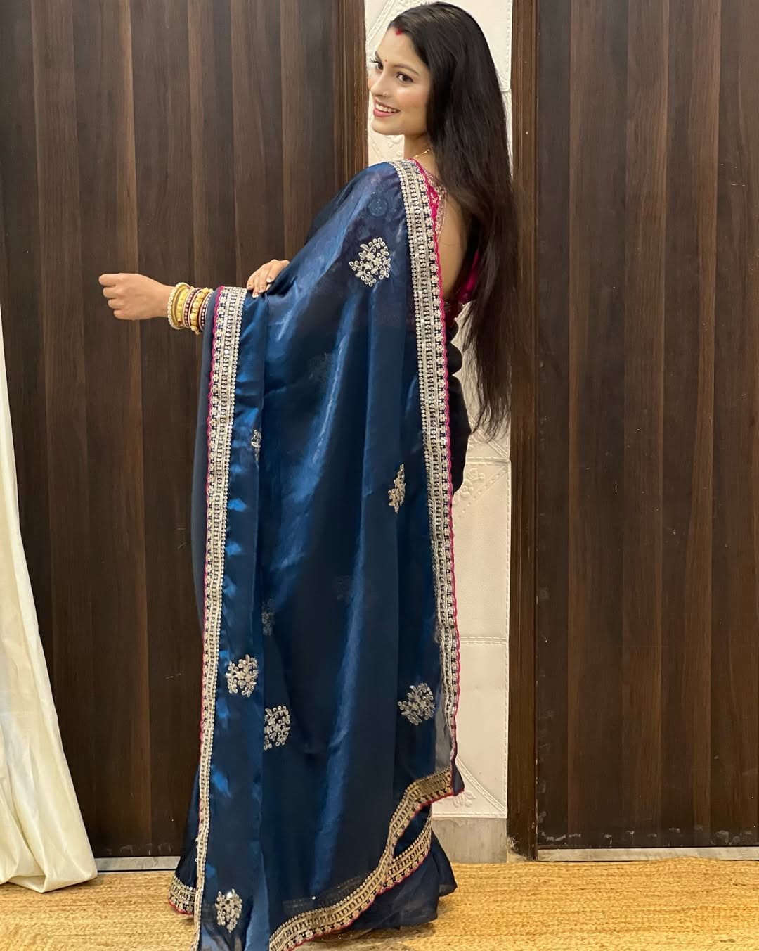 Shivshakti Collection Satin silk saree with beautiful flower work Blouse 3