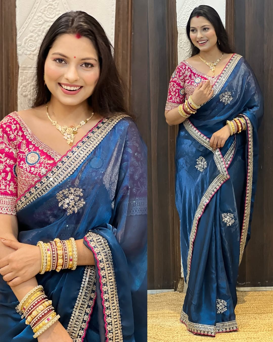 Shivshakti Collection Satin silk saree with beautiful flower work Blouse 1