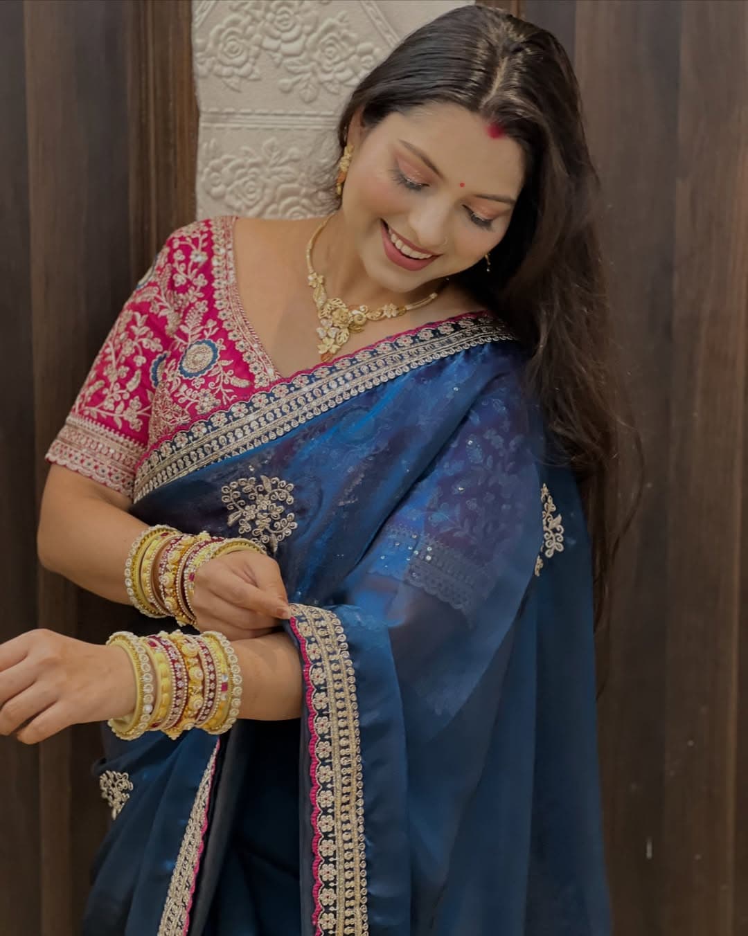 Shivshakti Collection Satin silk saree with beautiful flower work Blouse 2