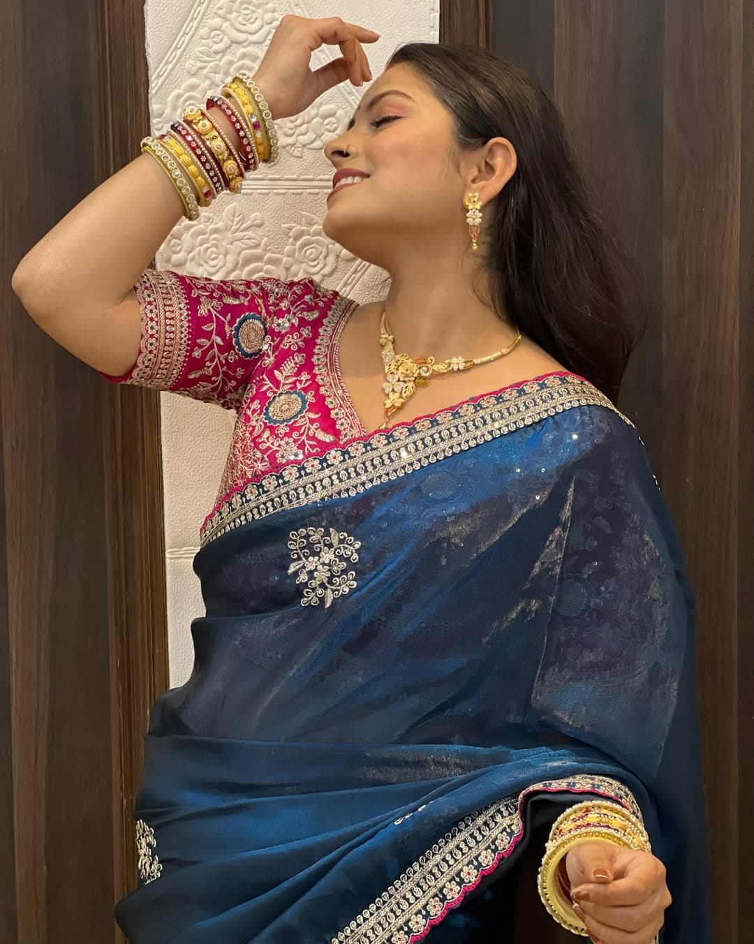Shivshakti Collection Satin silk saree with beautiful flower work Blouse 5