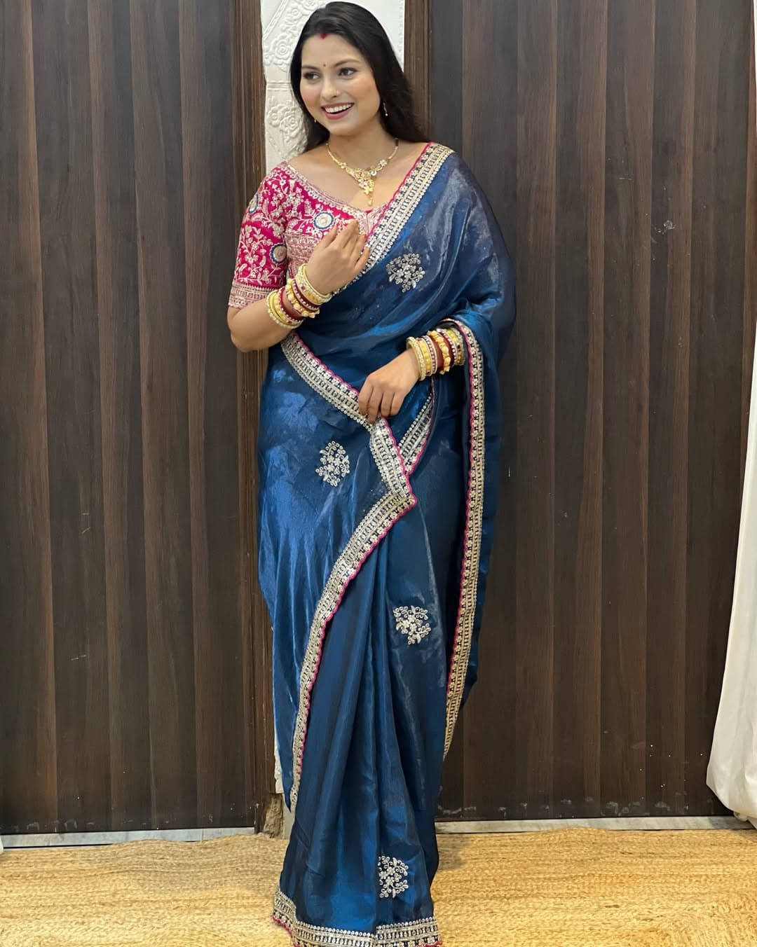 Shivshakti Collection Satin silk saree with beautiful flower work Blouse 6