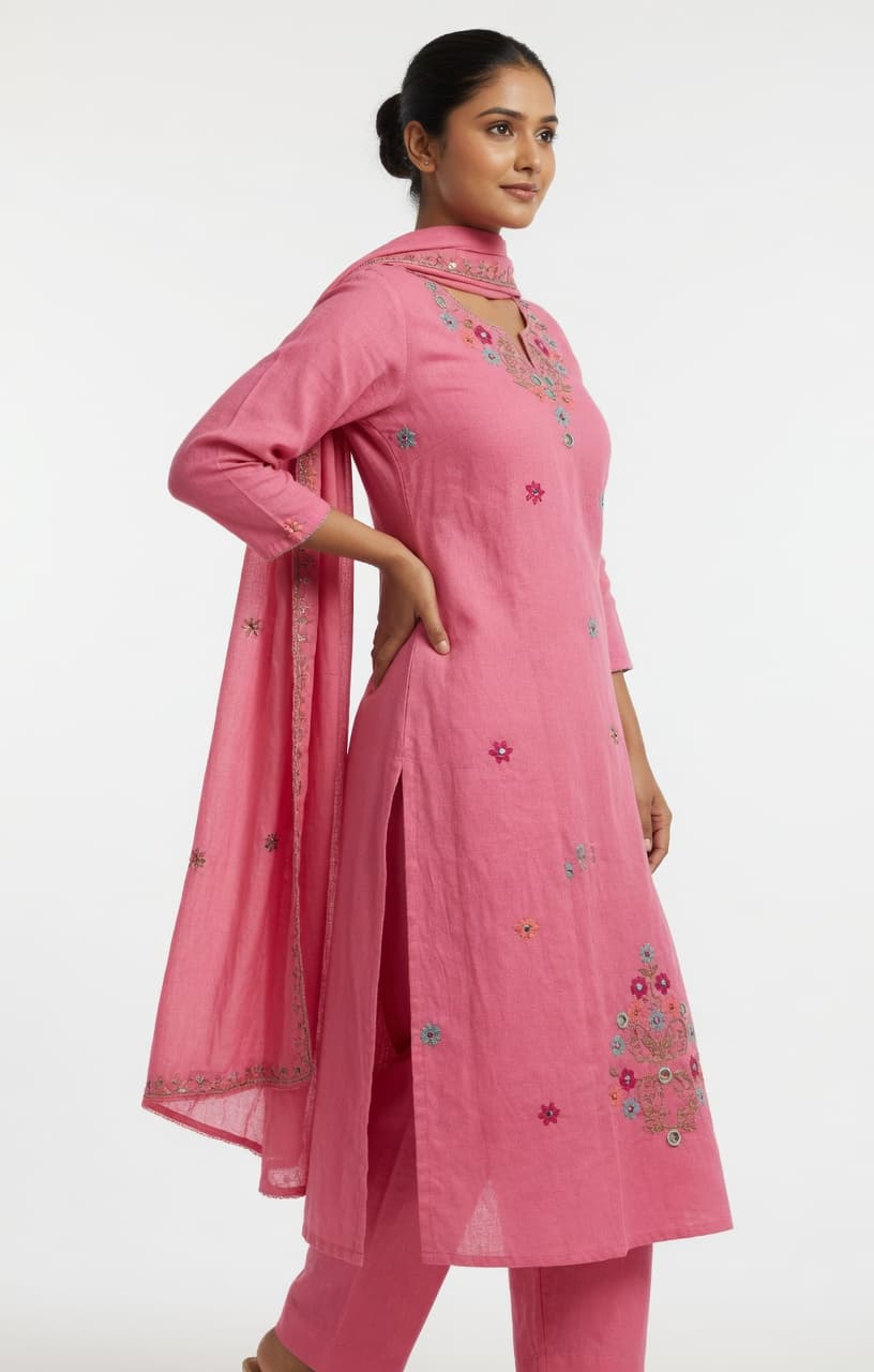 Pink cotton Kurti sets summer Frindly hank work 2