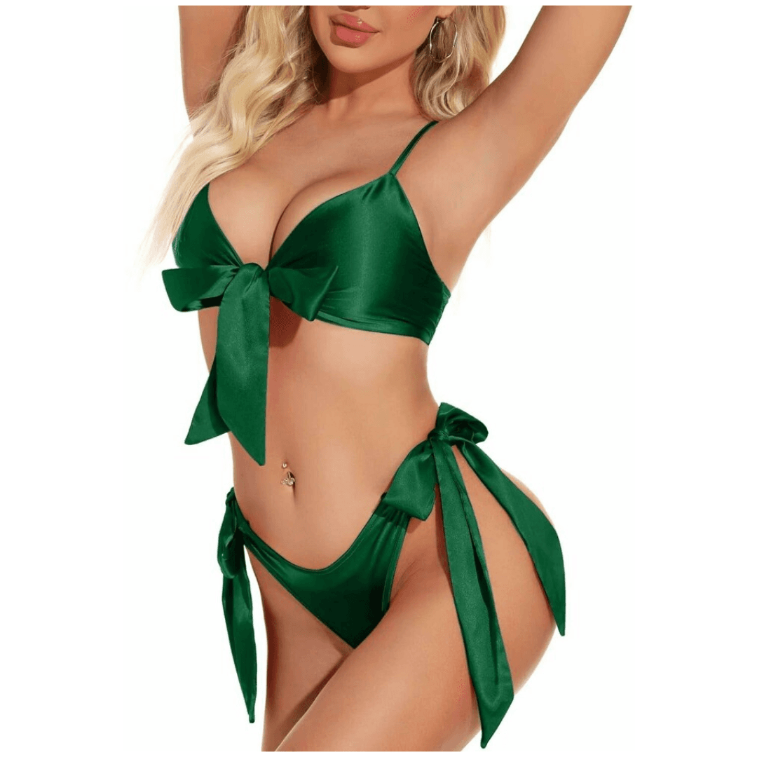Women Babydoll Black Lingerie Set Satin Silk Two Piece Bra and Panty Sets for Valentine Honeymoon Nightwear Dress Free Size Green Color 2