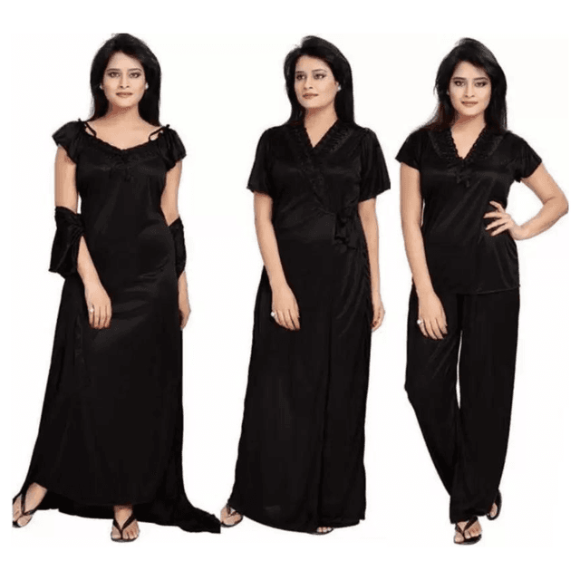Silk Bridal Nightgown Set Stylish Fancy Bridal Nighty Set For Women Free Size Black Color