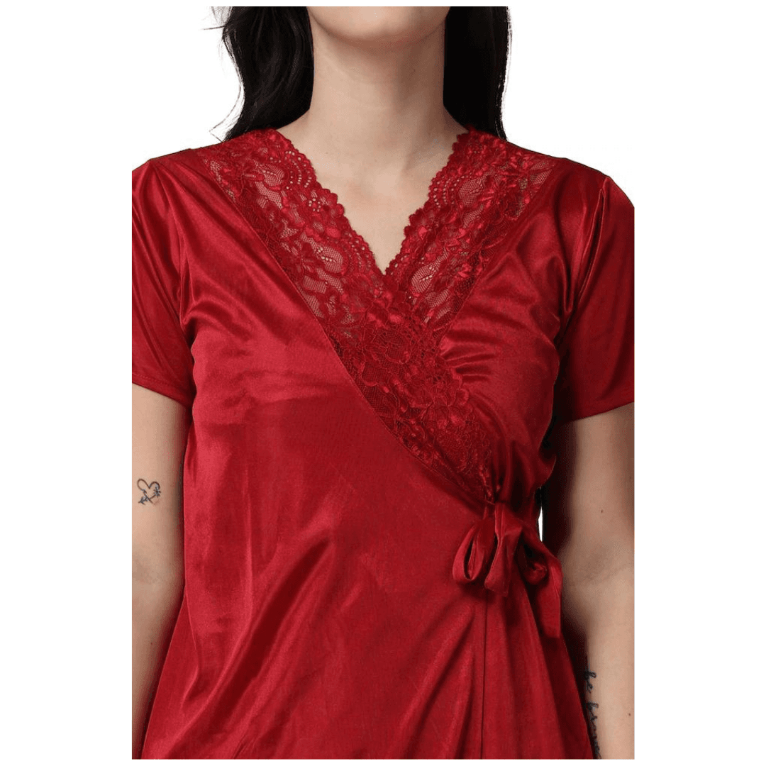 Silk Bridal Nightgown Set Stylish Fancy Bridal Nighty Set For Women Free Size Maroon Color 3