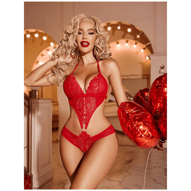 Women Deep V Lingerie Lace Teddy One Piece Babydoll Mini Bodysuit Free Size Red Color