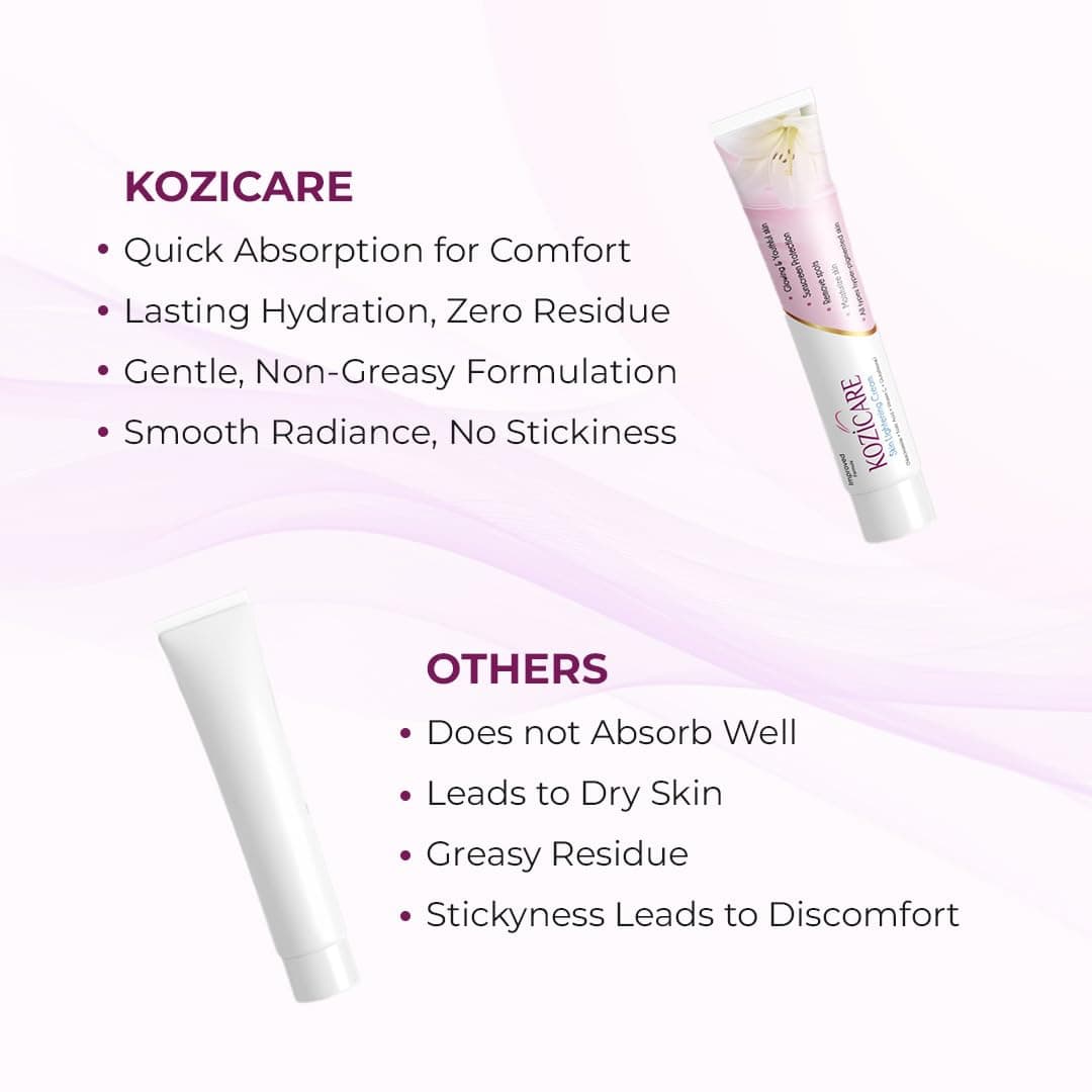 Kozicare Skin Lightening Non-Sticky Cream Lotion | Enriched with 3% Kojic Acid, 1% Alpha Arbutin, 1% Glutathione, 2% Niacinamide, 2% Vitamin C | Best for Melasma, Pigmentation, Dark/Age Spots, Uneven Skin Shade - 15gm 1