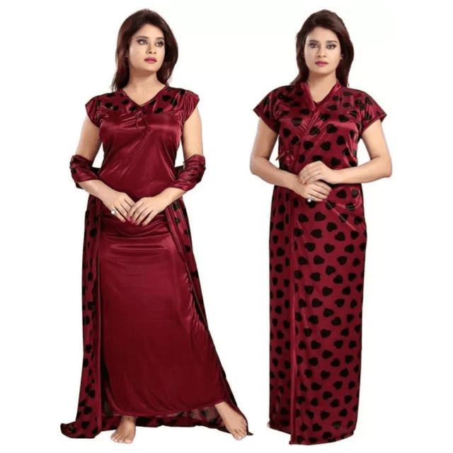 Silk Bridal Nightgown Set Stylish Fancy Bridal Nighty Set For Women Free Size Maroon Color
