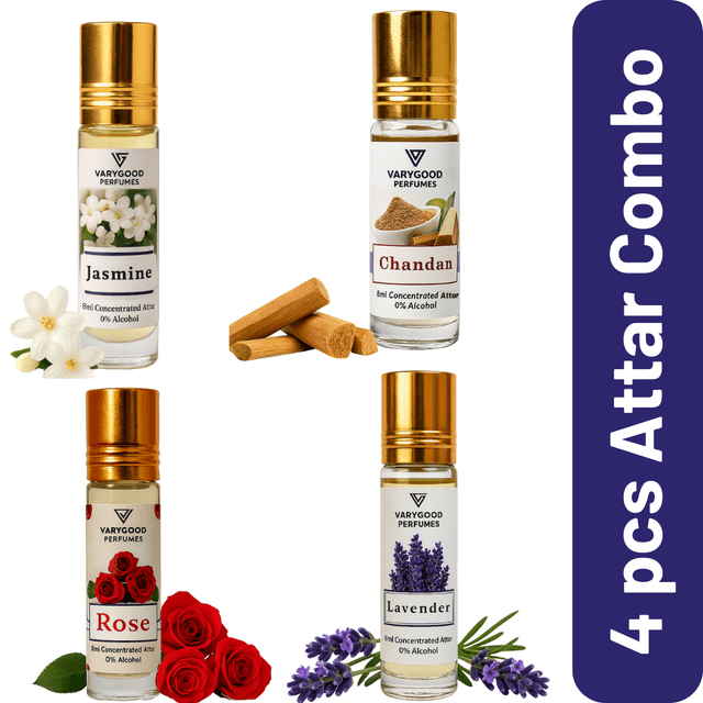VaryGood Attar Combo Pack of 4 – Rose, Chandan, Jasmine & Lavender | 8ml Each | Alcohol-Free Roll-On Perfume for Men & Women