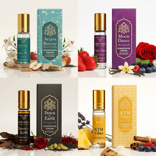 VaryGood Perfumes Signature Attar Collection (4x6ml) – Acqua Breeze, Moon Dance, KTM Vibes & Down To Earth | Premium Long-Lasting Perfumes for Men & Women
