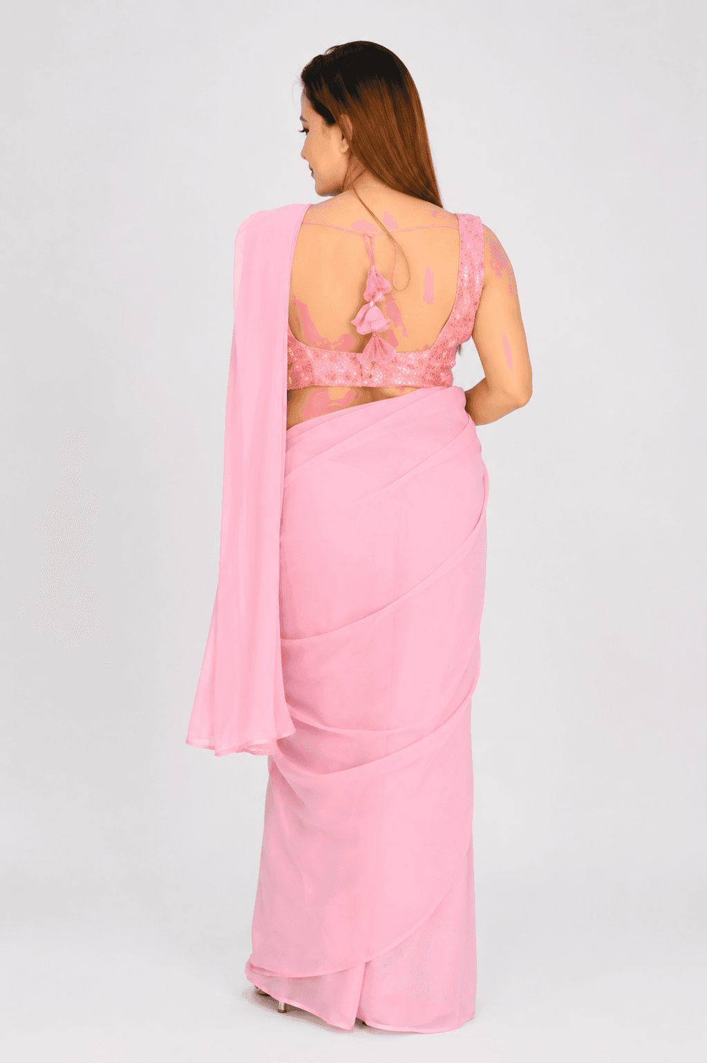 New ready-made pink saree with Blouse sets  1