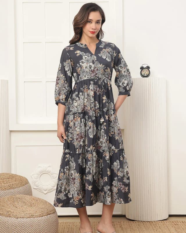 Women’s Grey Floral Printed Chanderi Silk Midi Dress