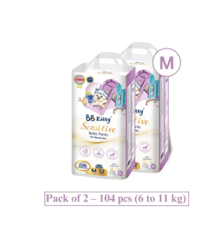 BB Kitty M Size Sensitive Series Pack of 2 (104 pcs total) Sensitive Series – Pull-up Baby Diapers (5-12 Months, 6-11kg) – Pant Style (52 pcs per pack)