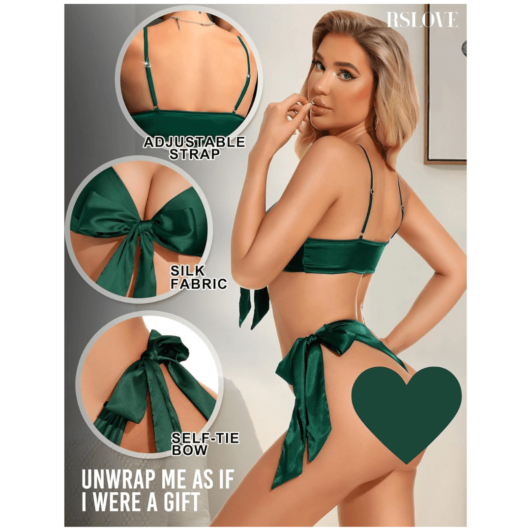 Women Babydoll Black Lingerie Set Satin Silk Two Piece Bra and Panty Sets for Valentine Honeymoon Nightwear Dress Free Size Green Color 3