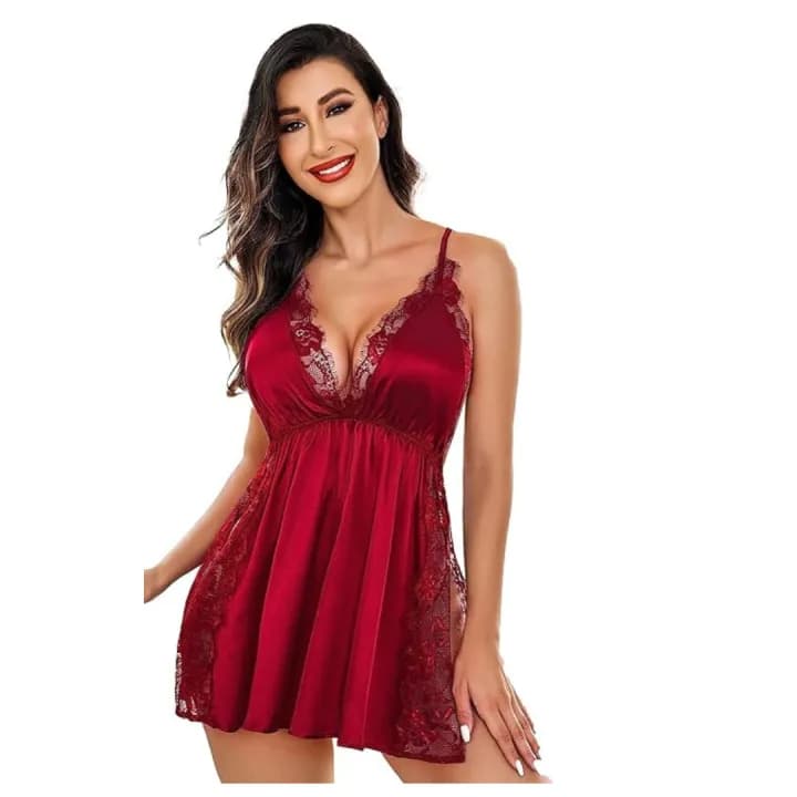 Women Lingerie Nylon Spandex Lace Chemise Nightgown Sexy Side Slit Sleepwear Baby Doll Nightwear Free Size Maroon Color 4