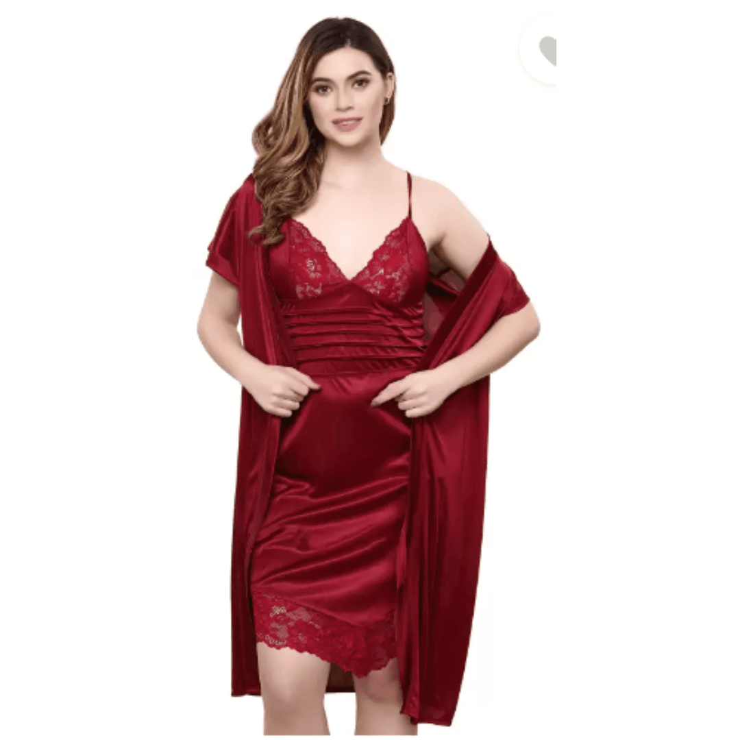 Silk Bridal Nightgown Set Stylish Fancy Bridal Nighty Set For Women Free Size 1