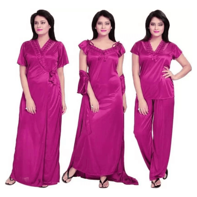 Silk Bridal Nightgown Set Stylish Fancy Bridal Nighty Set For Women Free Size ( Magenta Color) 