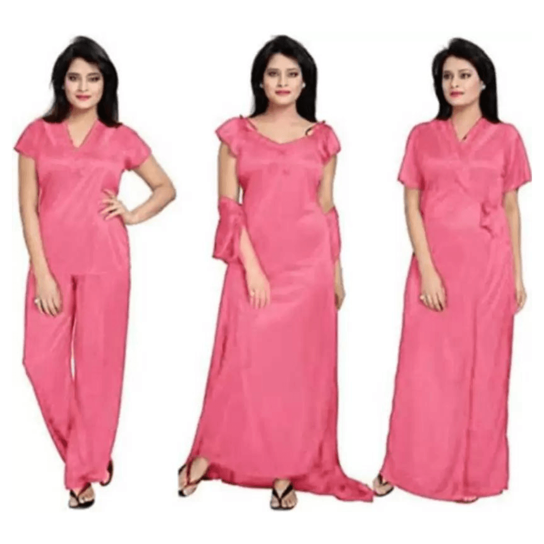 Silk Bridal Nightgown Set Stylish Fancy Bridal Nighty Set For Women Free Size Pink Color