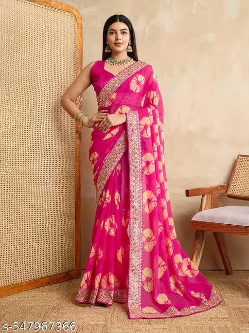 Bandhani Print Georgette Saree with Embroidered Border and Blouse Piece