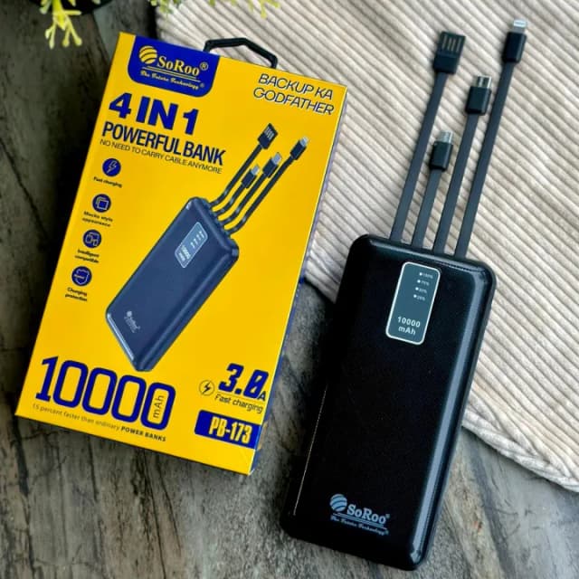 Original SoRoo 10000 mAh 3.7v 10W Power Bank with 4 in 1 Cables, 2 ports Lithium Percentage Display