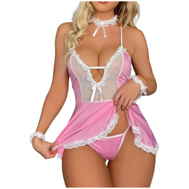 Babydoll Nightwear Lingerie with Panty Short Transparent Nighty for Women Bra Panty Set for Women Baby Doll Night Dress Babydoll Lingerie for Honeymoon Bikni with G-String Panty Free Size Blush Pink Color