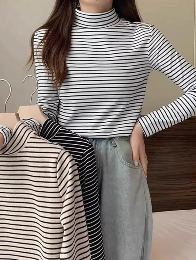 New Winter Special Free Size Stripe Inside Fur Tneck Full Sleeve Tshirt For Women