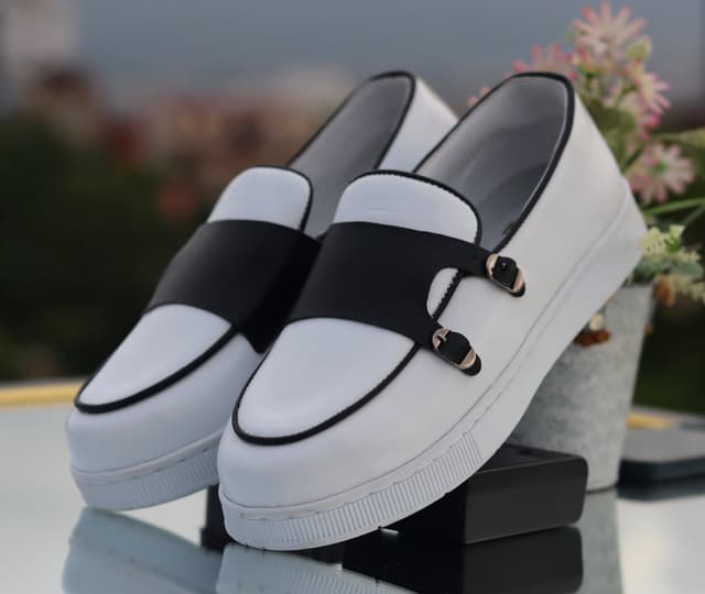 Premium White & Black Buckle Strap Mens Loafers | Modern Slip-On Edition ✨